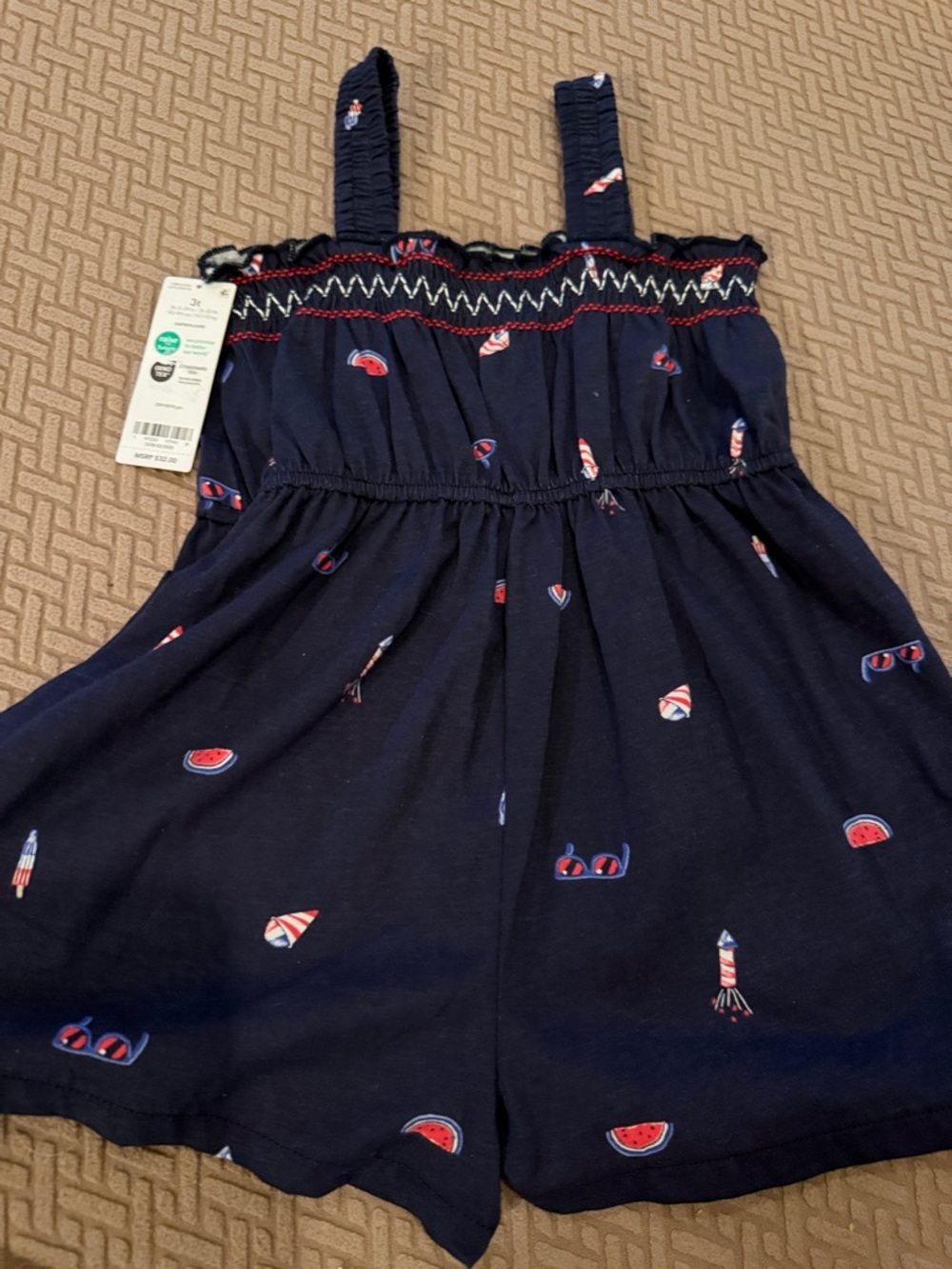 Carter's Navy Blue Girls Romper with Red & White Print